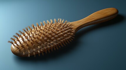 A wooden hairbrush with natural bristles, isolated on a warm caramel brown background, photorealistic, ultra-sharp focus, clear details, studio lighting, natural colors, realistic lighting,