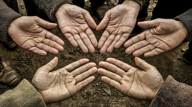 Asian volunteers holding hands in a circle, symbolizing unity and cooperation in charity work