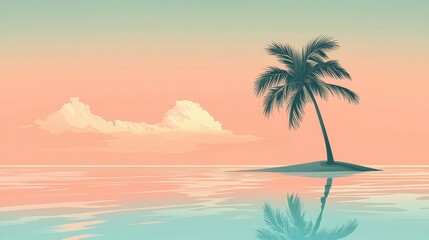 Serene Tropical Island with Palm Tree and Calm Water Reflection