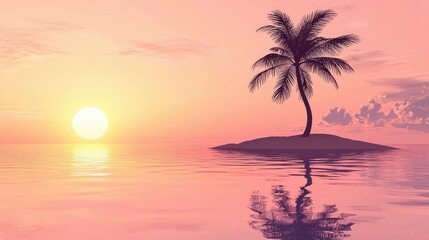 Fototapeta premium Serene Sunset Over Tranquil Island with Lone Palm Tree Reflection