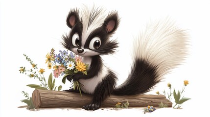 Fototapeta premium Charming cartoon skunk with a fluffy tail sitting on a log and holding flowers