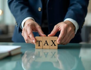 Obraz premium Businessman hand put TAX word on wooden block cube for financial banking analysis and business management. money risk assessment, Reducing project risk, finance, insurance,