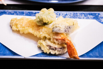 Assorted Tempura on a Blue and White Plate