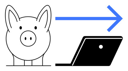 Piggy bank with an arrow pointing towards a laptop. Ideal for savings, banking, money transfer, financial technology, digital transformation, online investments, and future finance. Simplistic
