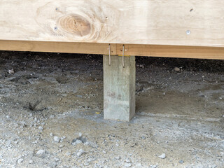 Concrete Pier Supporting Wooden Beam in Deck Foundation Secure Structural Base
