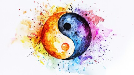 Abstract watercolor painting of yin yang symbol with vibrant colors