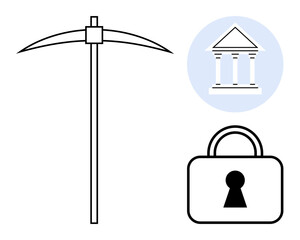 Pickaxe representing mining, classical bank building symbolizing traditional finance, and padlock denoting digital security. Ideal for blockchain, cryptocurrency, finance, security, technology