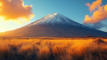 Fototapeta premium Snow-Capped Mountain Peak at Dawn with Golden Field and Fiery Sky
