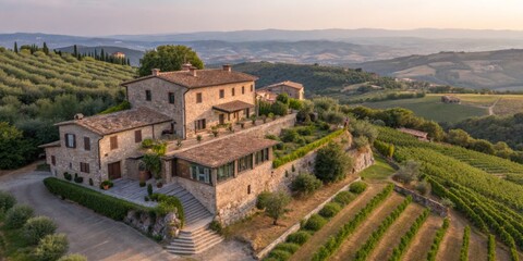 Scenic vineyard estate nestled in hills overlooking lush landscapes during golden hour