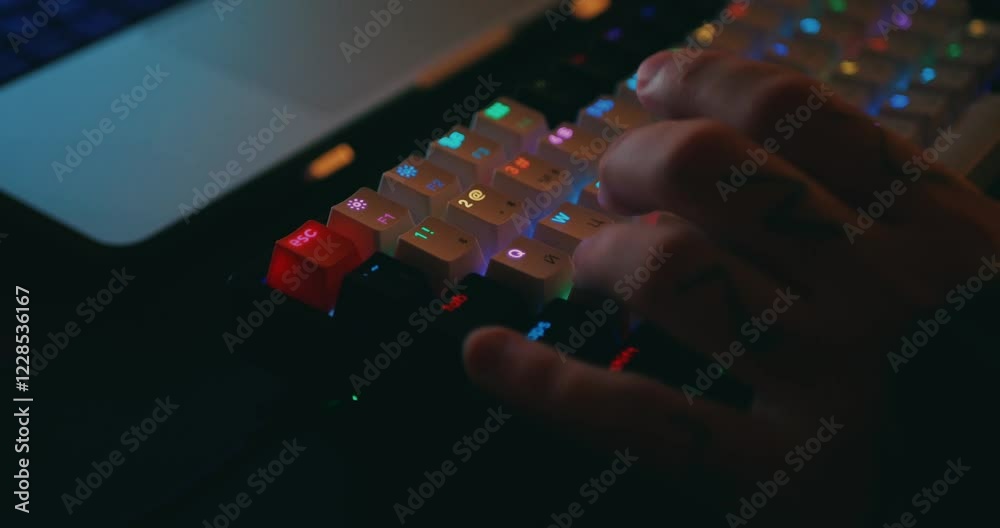 Wall mural close up of professional mechanical keyboard with colorful led backlight in multiple colors. advance