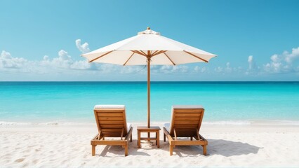 Obraz premium Two Beach Loungers Await Under A Beach Umbrella