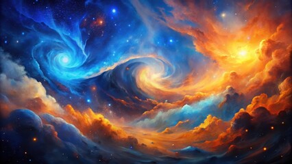 A Celestial Tapestry of Vivid Hues and Swirling Cosmic Nebulae, Embracing a Dreamlike Landscape of Golden and Azure Clouds