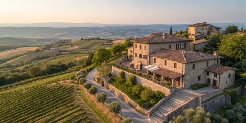 Picturesque Tuscan villa surrounded by rolling vineyards in golden evening light