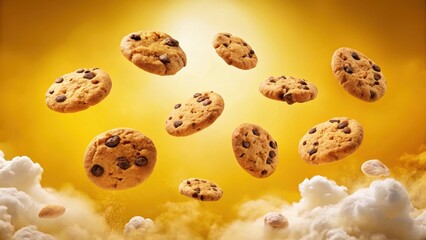 A delightful assortment of chocolate chip cookies levitates against a vibrant yellow backdrop, amidst a soft, fluffy cloud-like texture, creating a whimsical and appetizing scene.