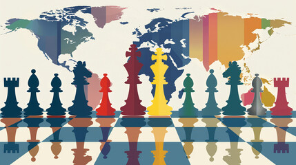 A creative illustration of colorful chess pieces on a board with a world map in the background, symbolizing global strategy, politics, and competition