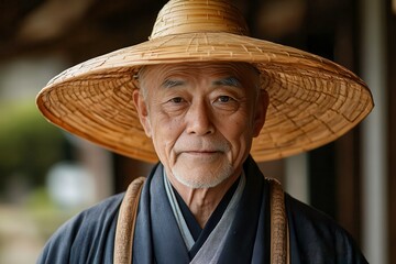 Fototapeta premium Elderly Japanese Farmer in Traditional Clothing and Straw Hat Engaged in Rural Life. Generative AI