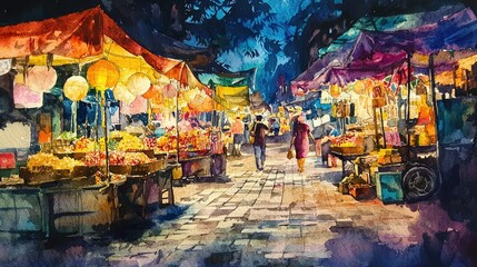 Naklejka premium Vibrant Night Market Scene with Colorful Stalls and Lanterns