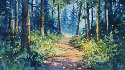 Obraz premium Tranquil Forest Pathway Surrounded by Lush Greenery and Light
