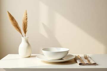 Elegant Table Setting with Dried Flowers and Gold Cutlery on a Neutral Background