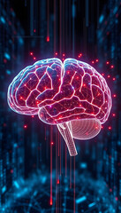 Digital rendering of a human brain with glowing pink neural connections and blue matrix patterns, symbolizing modern technology in cognitive science and research
