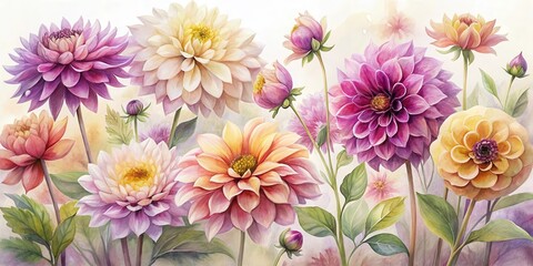 Obraz premium A Vibrant Bouquet of Dahlias in Soft Hues, Delicate Watercolor Painting of Blooming Flowers, Displaying a Range of Colors and Textures