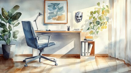 Cozy Minimalist Home Office with Desk and Indoor Plants