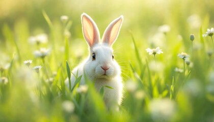 Adorable White Rabbit in Spring Meadow
