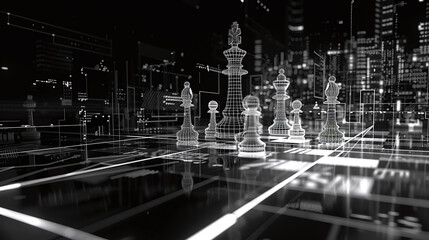 A high-tech, futuristic chessboard featuring wireframe chess pieces with a digital cityscape background, symbolizing artificial intelligence, strategy, and cyber warfare