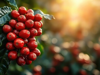 A close-up of ripe coffee cherries on a branch with sunlight in the background.