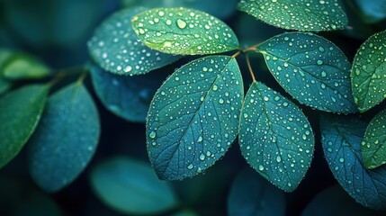 Fototapeta premium Teal Dewdrops on Lush Leaves