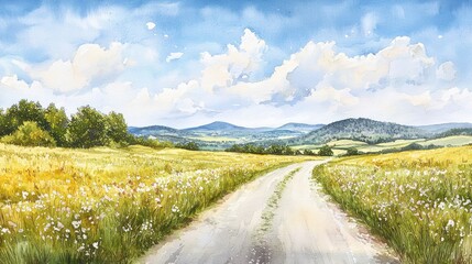 Naklejka premium Serene Landscape with a Winding Pathway through Golden Fields