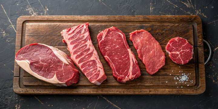  wooden serving board featuring different types of steak cuts, beautifully displayed to emphasize the premium quality and marbling of fresh raw beef