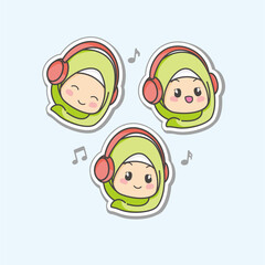 Cute and kawaii Green Hijab Girl Listening music on Headset earphone Pose, Chibi Illustration