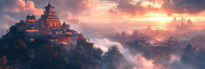 Fototapeta premium Sunset Over the Majestic Mountaintop Temple: A Serene Panorama of Asian Architecture
