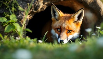 Fototapeta premium Red Fox Peeking From Burrow in Spring Meadow