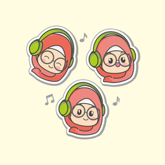 Cute and kawaii Light Red Pink Hijab Girl Listening music on Headset earphone Pose, Chibi Illustration