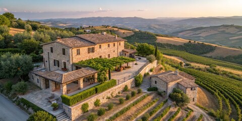 Fototapeta premium Scenic countryside villa surrounded by vineyards in Tuscany during golden hour