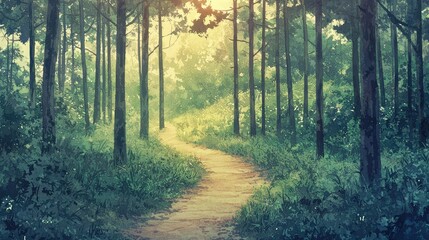 Fototapeta premium Serene Forest Pathway Surrounded by Lush Greenery and Trees