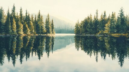 Fototapeta premium Tranquil Reflection of Pine Trees in Serene Lake Landscape Scene