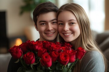 Couple Celebrating Valentine's Day With Roses Indoors in a Cozy Setting. Generative AI