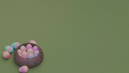 Happy easter, Easter painted eggs in the basket. Copy space