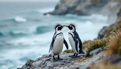 Obraz premium Macaroni Penguin Couple Kissing by Ocean Wildlife Photography