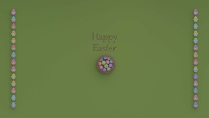 Happy easter colorful eggs card. Easter painted eggs in the basket. Copy space