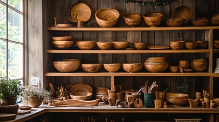 Naklejka premium A cozy, rustic workshop with an assortment of handcrafted wooden bowls and utensils displayed on shelves.