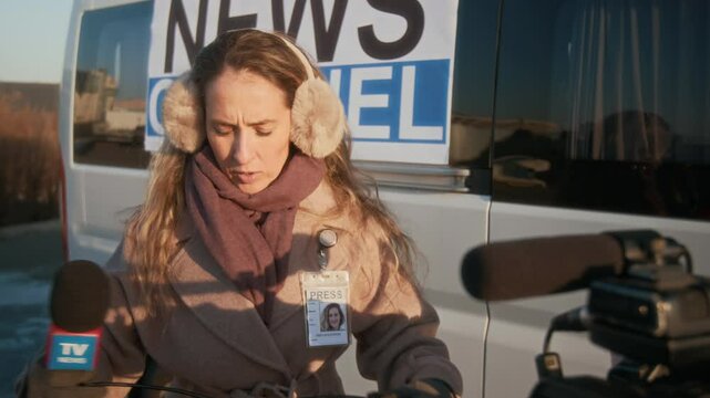 Medium shot of female TV journalist in warm brown coat, earmuff headphones talking to offscreen cameraman setting up equipment outside of production truck, before beginning news broadcast
