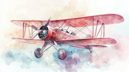 Vintage Biplane Watercolor Illustration on Soft Background