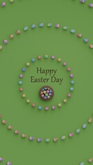 Happy easter colorful eggs card. Easter painted eggs in the basket. Copy space