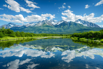 Panoramic Serenity: Owens River Against a Backdrop of Snow-capped Mountains and Azure Skies