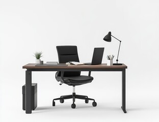 Modern minimalist home office workspace with laptop, desk chair, and lamp.