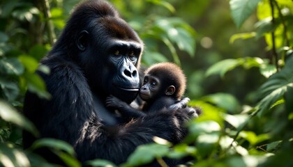 Fototapeta premium Gorilla Mother and Baby in Lush Rainforest